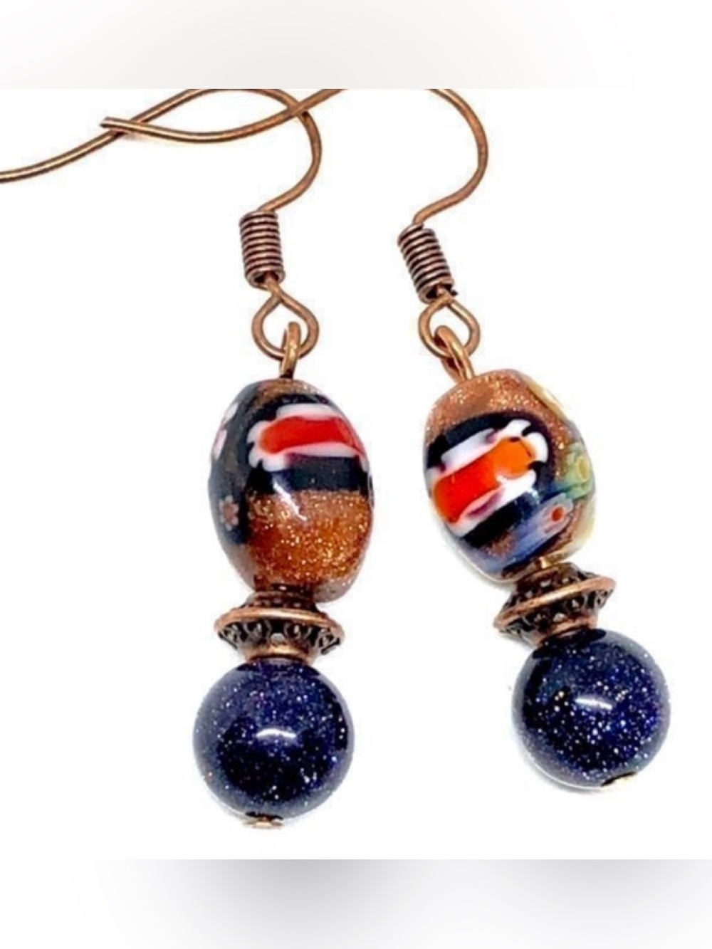 Brown Goldstone with Millefiori Floral Glass & Blue Galaxy Stone Sitara Earrings